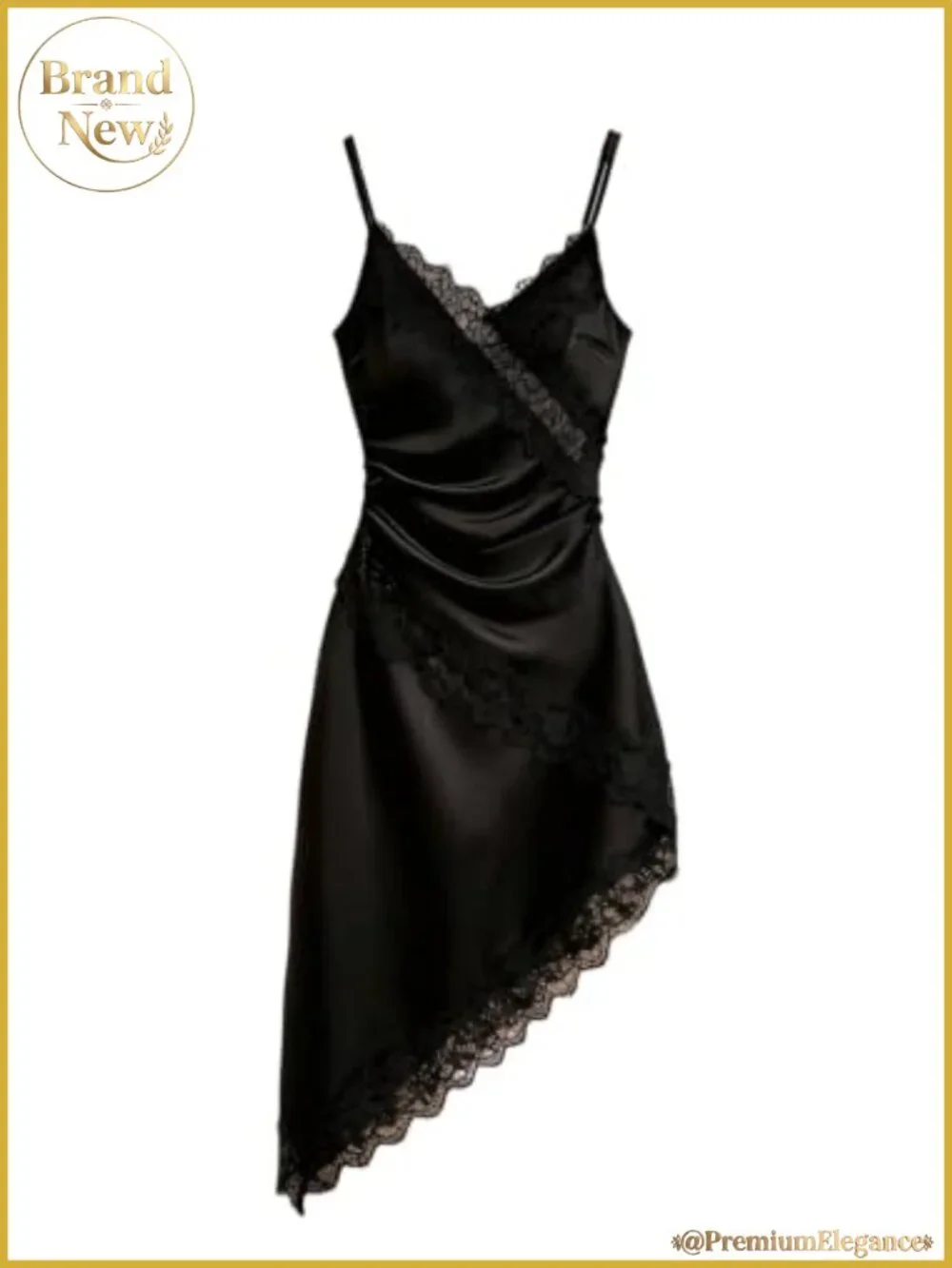 Elegant Satin Midi Slip Dress Lace Trim V Neck Asymmetrical Backless